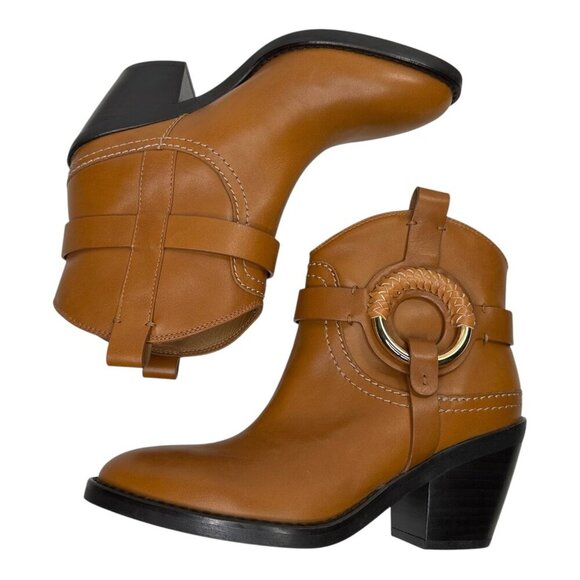 See by Chloé Hana Cuban Moto Buckle Ankle Boot Leather Brown Sz: EU 37.5/US 7.5 - Picture 6 of 9